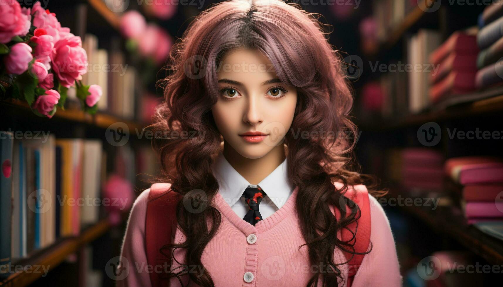 AI generated Young woman studying in a library, looking at camera with confidence generated by AI photo