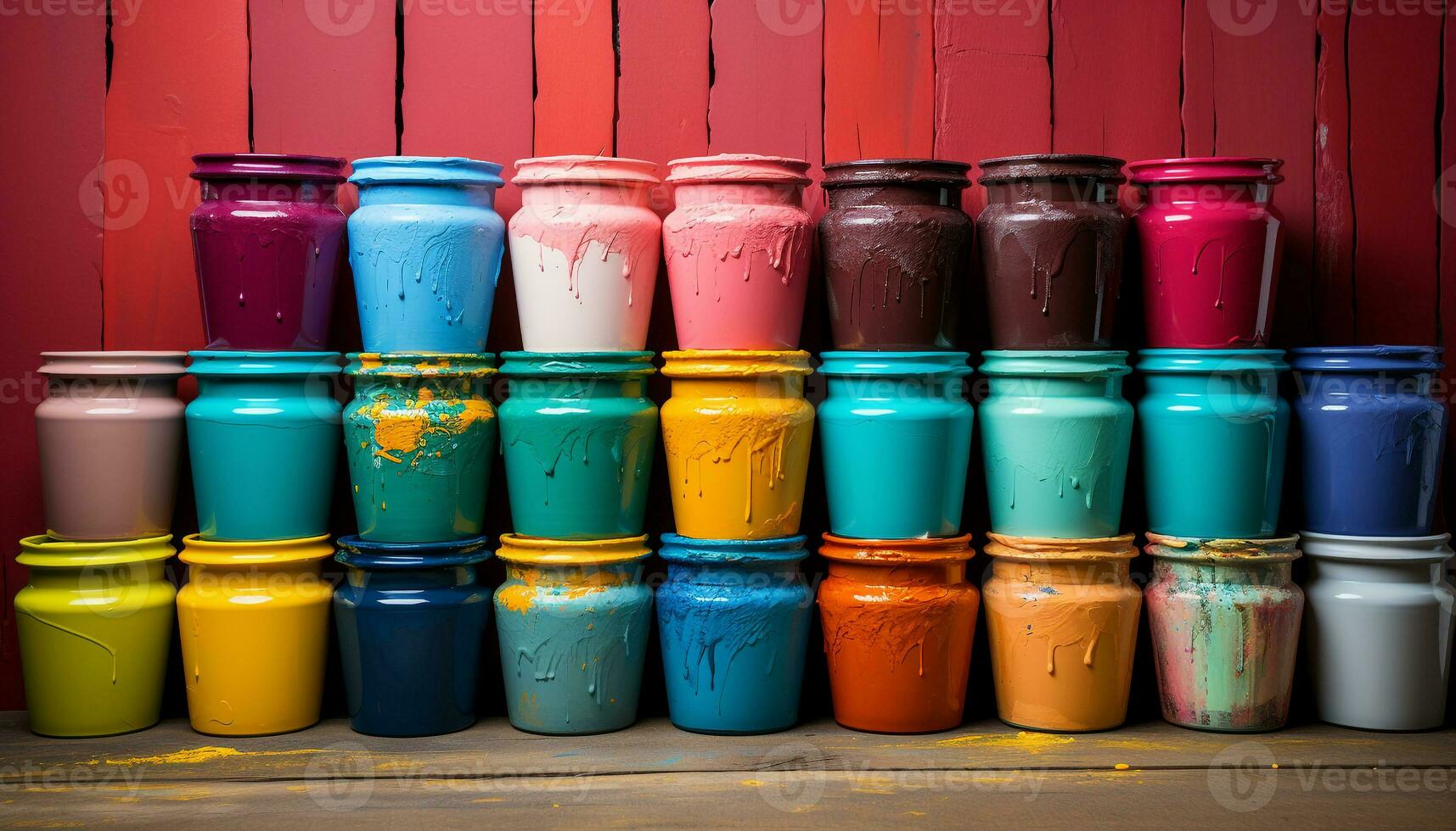 ai generado vibrante colores en un fila, pintar latas arreglado en mesa generado por ai foto