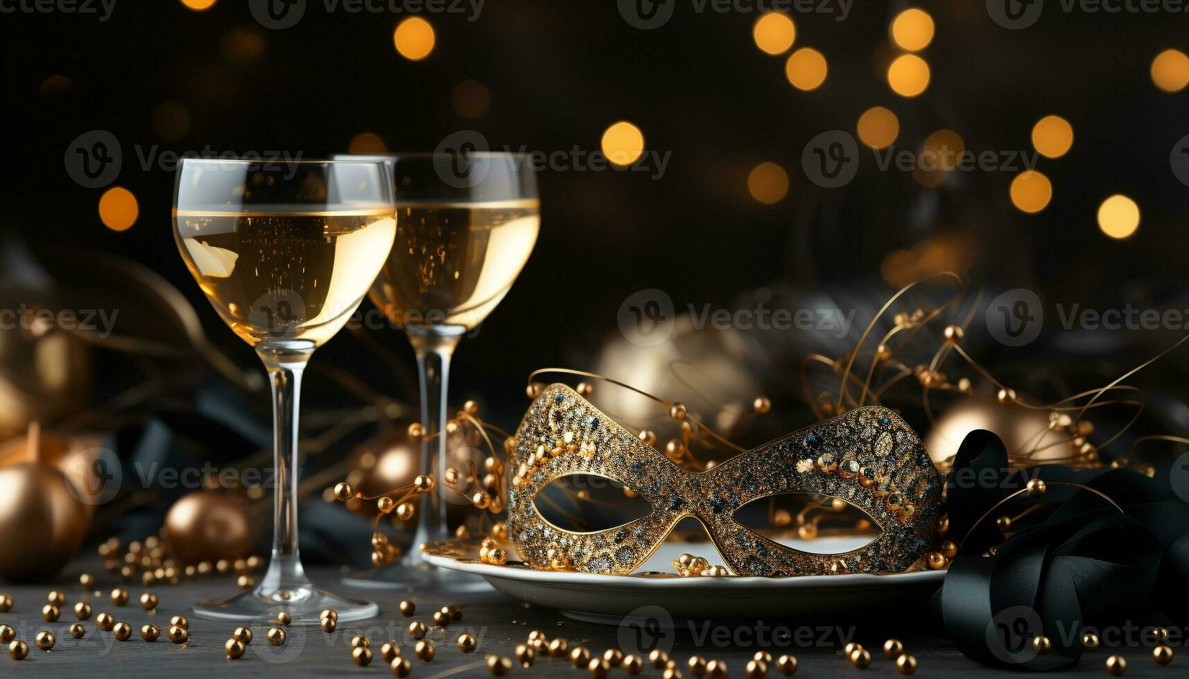 AI generated A glamorous celebration with champagne, decoration, and golden confetti generated by AI photo