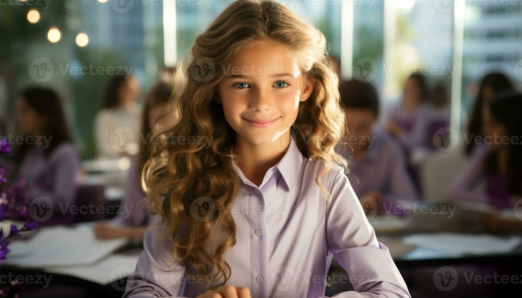 AI generated Smiling Caucasian child indoors, happiness in education, girls looking at camera in classroom, cheerful portrait sitting generated by AI photo