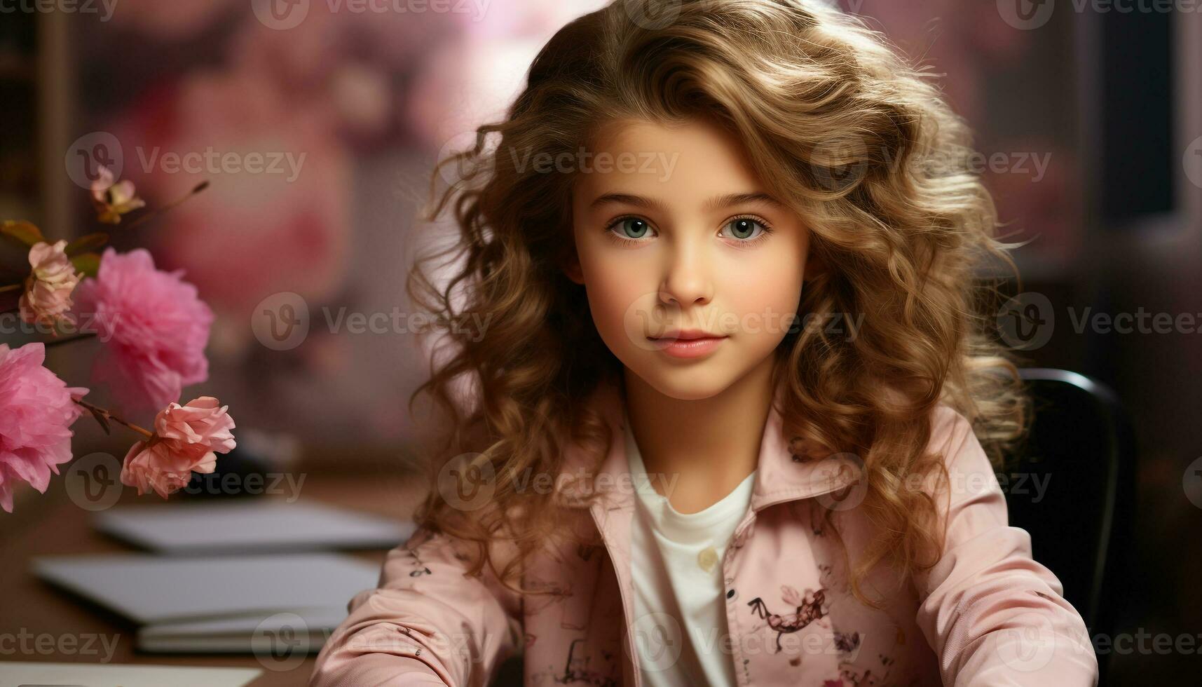 AI generated A cute girl sitting at a table, smiling and studying generated by AI photo