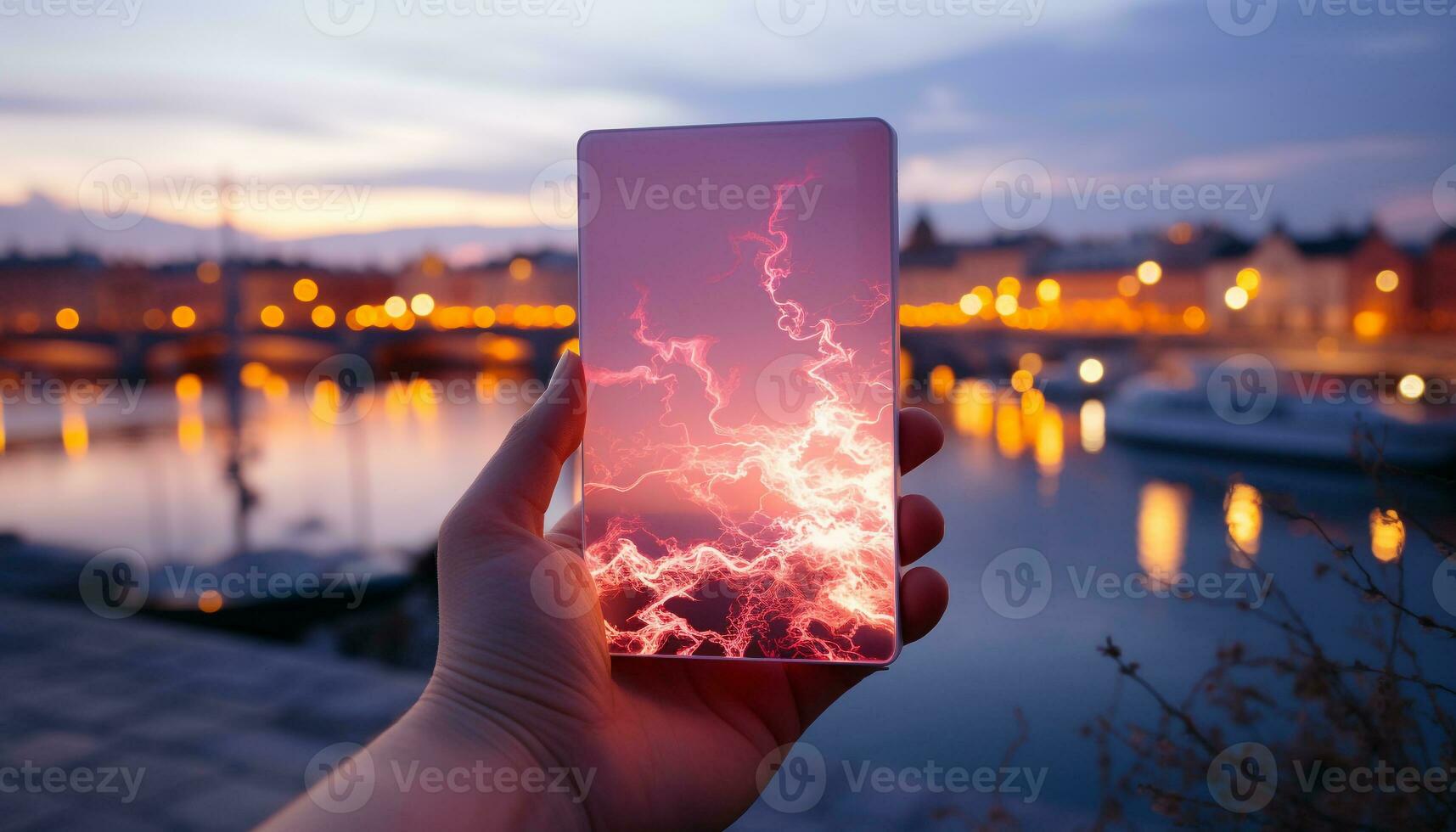 AI generated Hand holding smart phone, texting under sunset sky generated by AI photo