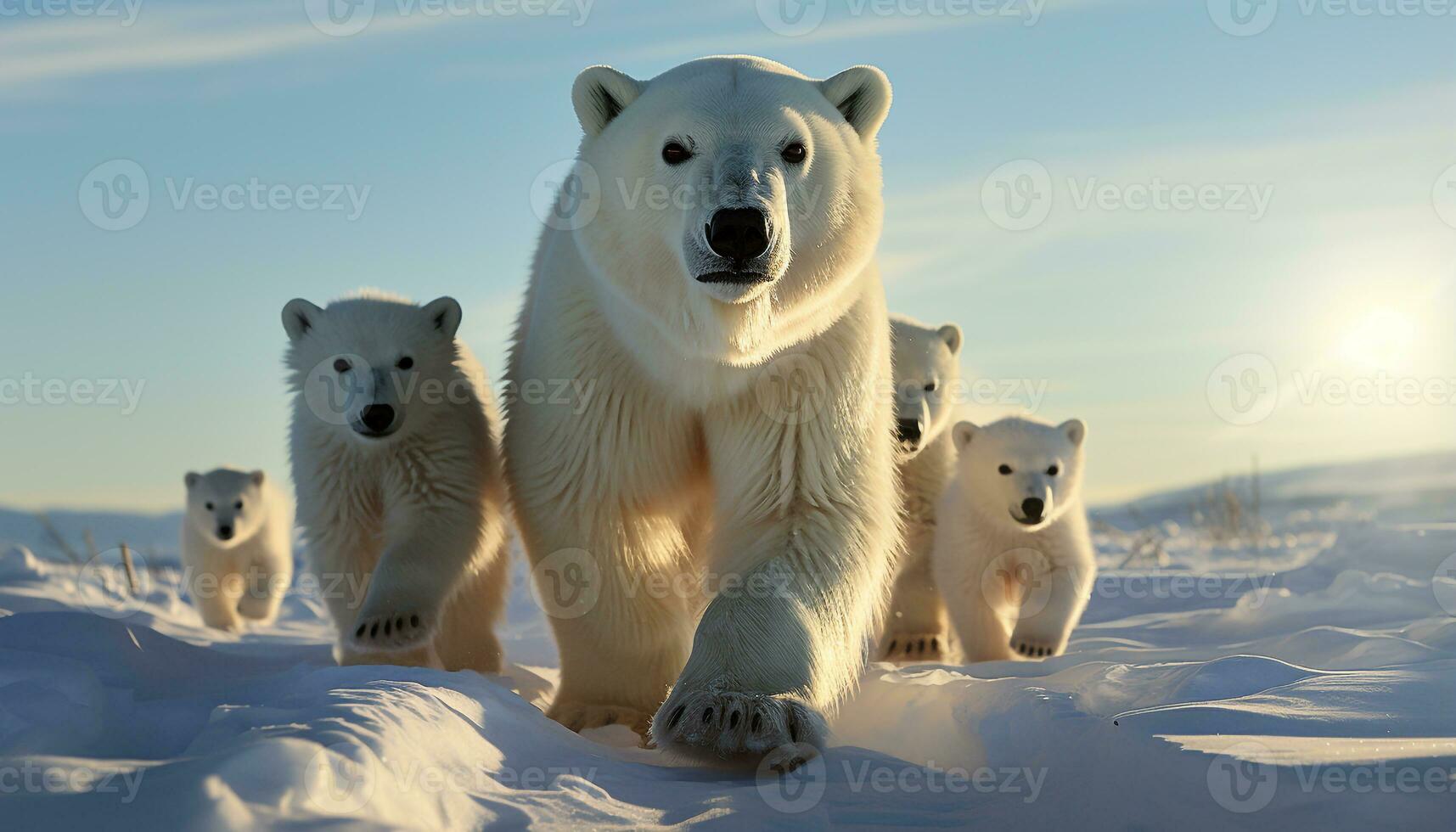 AI generated Three playful Samoyed dogs walking in the snowy Arctic landscape generated by AI photo