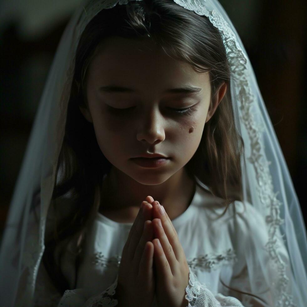 AI generated first communion girl with hands on chest praying photo