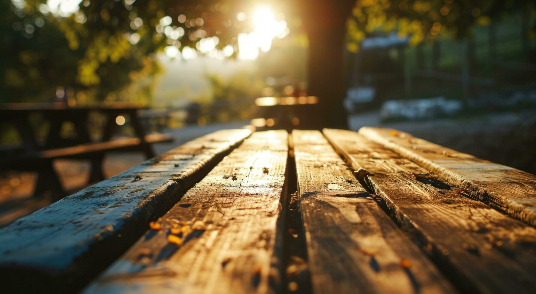 AI generated blurred wooden picnic table with barbecue photo