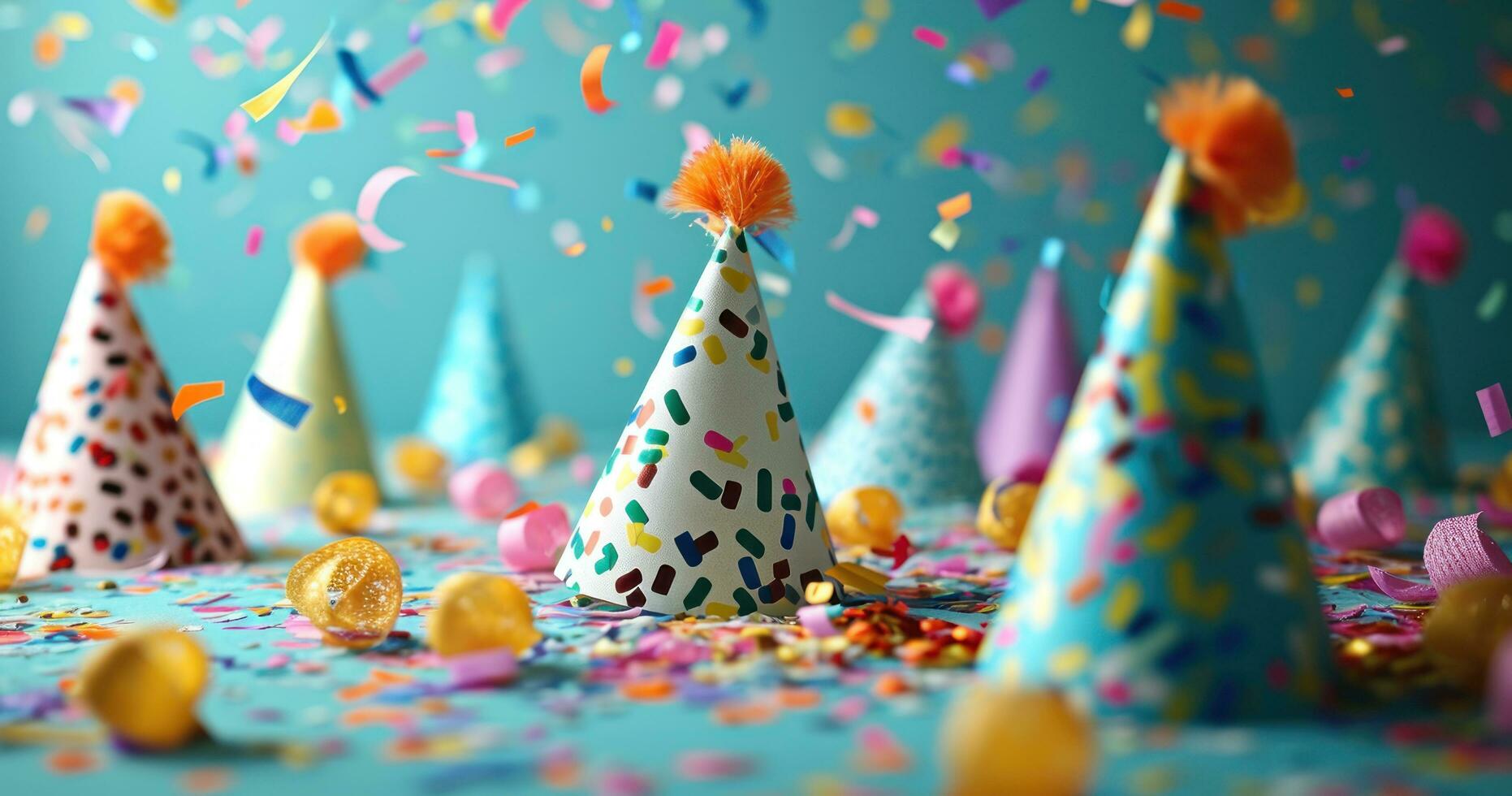 AI generated multiple colorful party hats and confetti photo