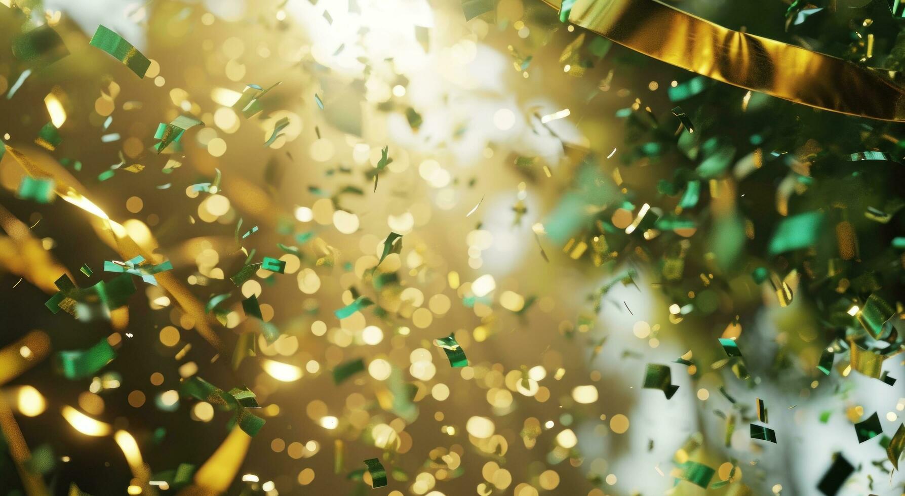 AI generated celebration frame in white background with green, yellow and green confetti photo