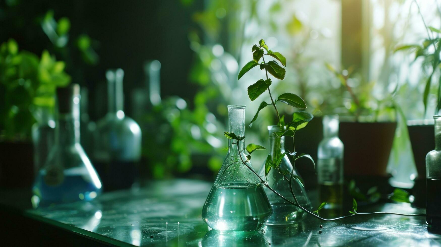 AI generated chemistry lab on glass counter with plant and liquid photo