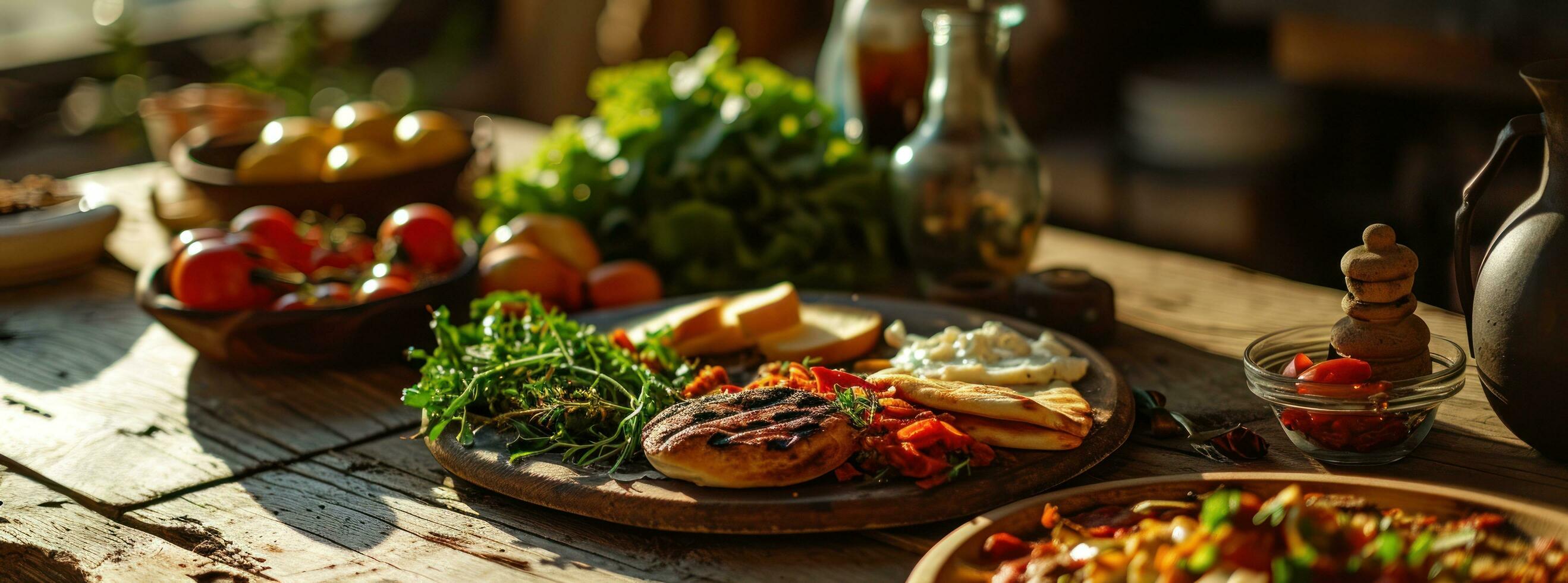 AI generated grill burger, pizza, salad, lettuce on wooden table photo