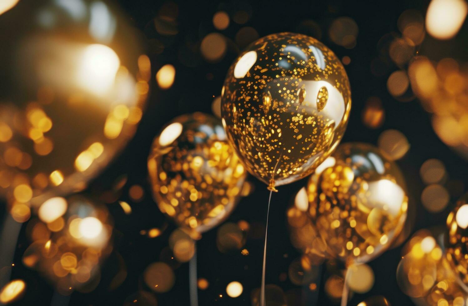 ai generado dorado reluciente globos en un negro antecedentes foto