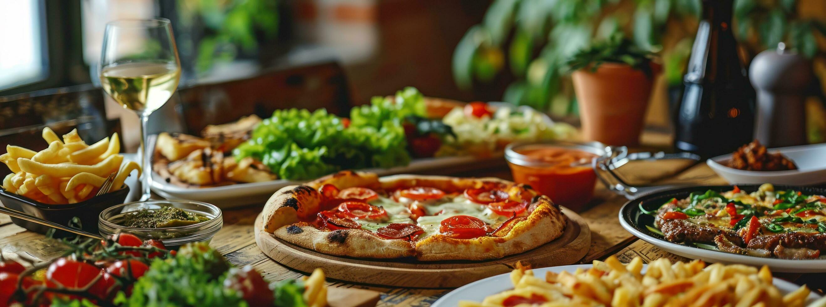 ai generado parrilla hamburguesa, pizza, ensalada, lechuga en de madera mesa foto