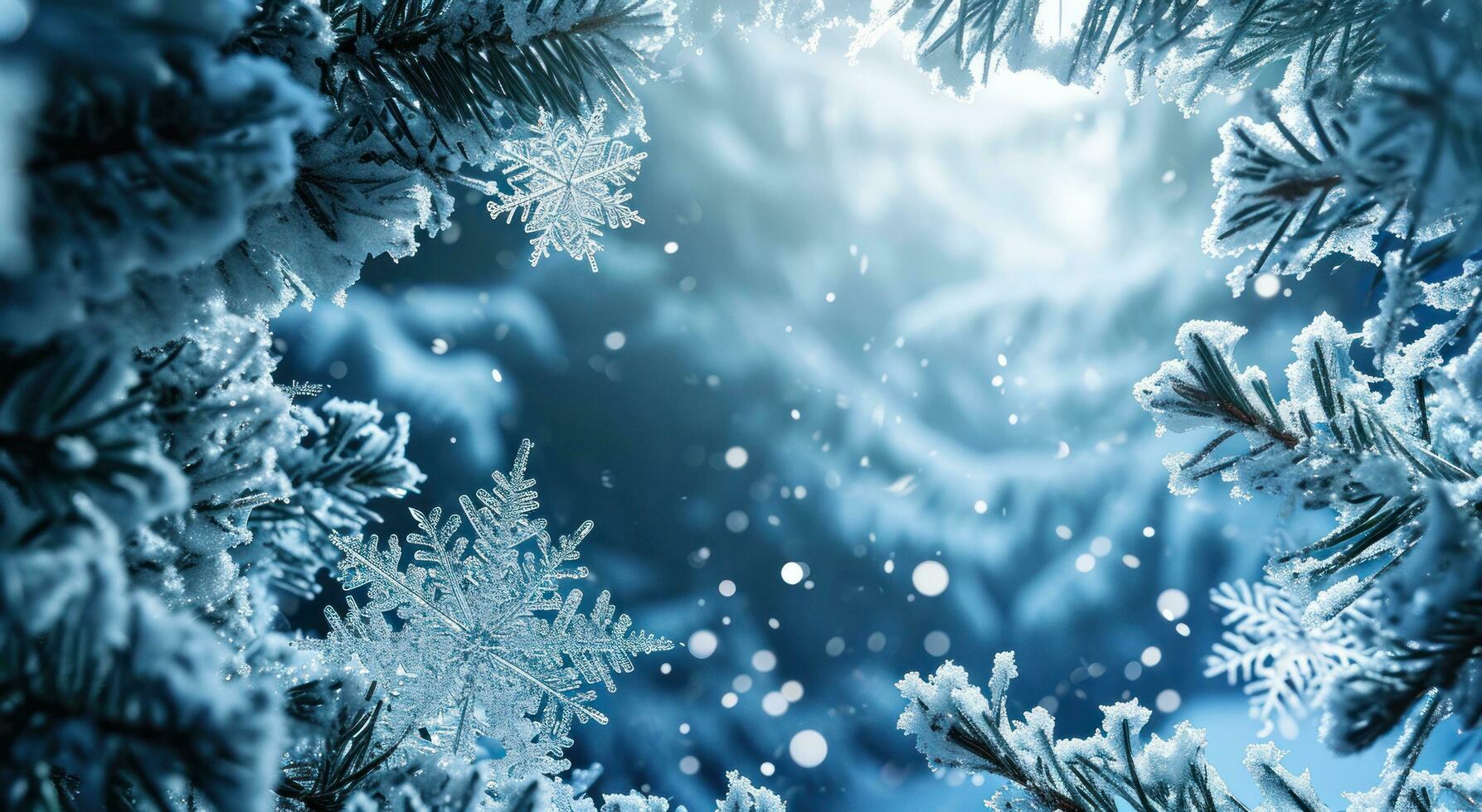 AI generated icy snowflake frame around a christmas tree frame photo