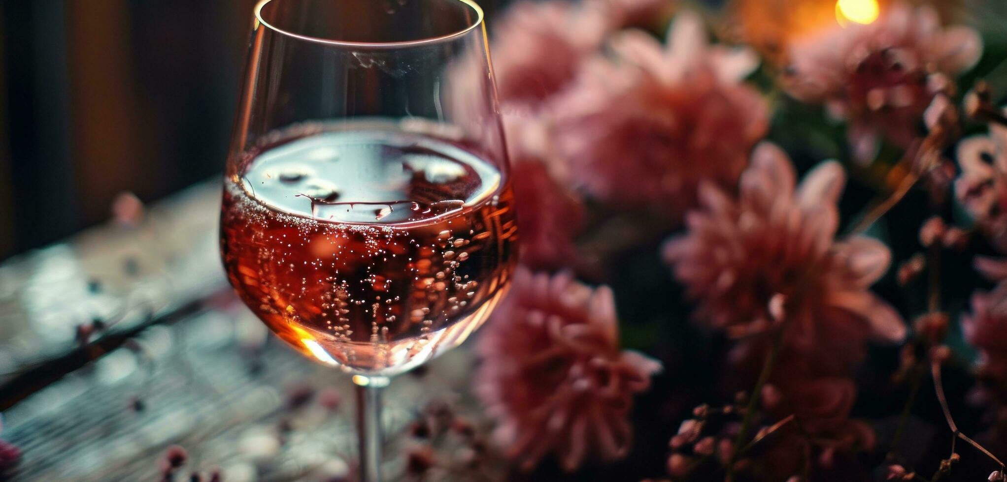 AI generated glass of pink wine is displayed next to a set of flowers photo