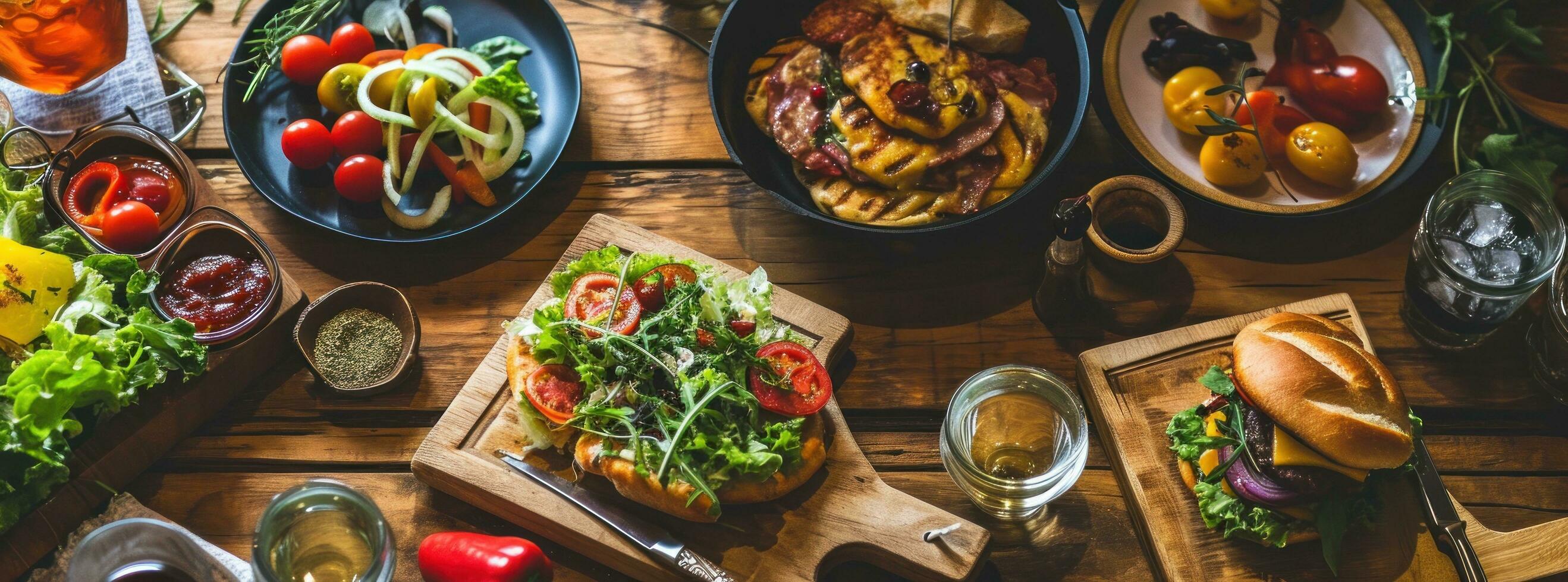 AI generated grill burger, pizza, salad, lettuce on wooden table photo