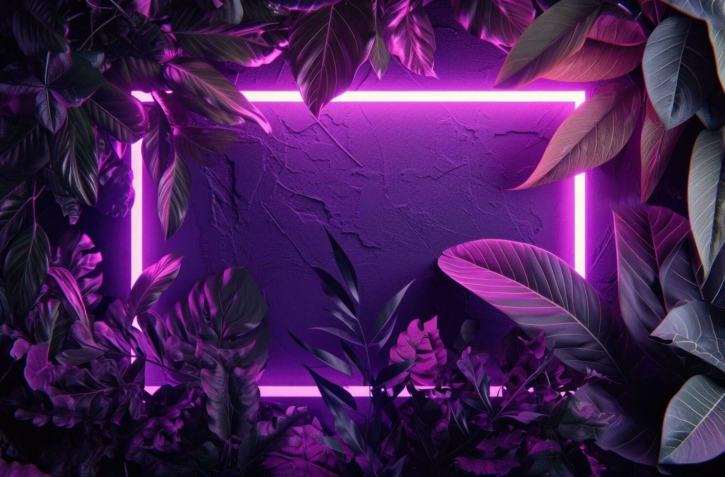 AI generated neon frame on dark background on the purple background with green leaves photo