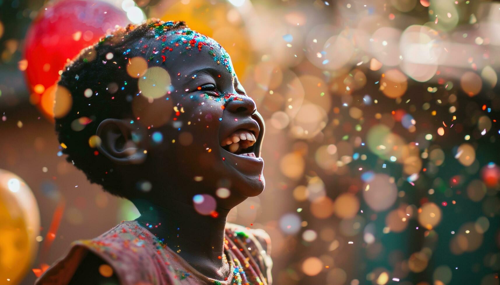 AI generated kid laughing with balloons and colorful confetti photo