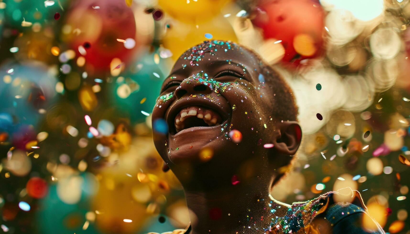 AI generated kid laughing with balloons and colorful confetti photo