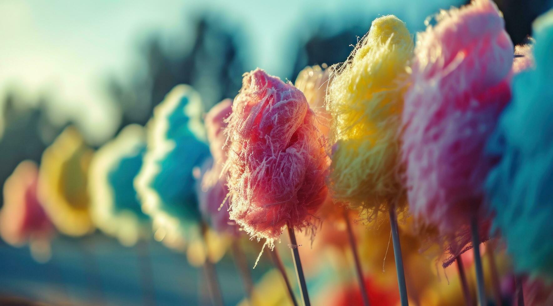 ai generado muchos vistoso algodón caramelo en un palo en frente de un brillante antecedentes foto