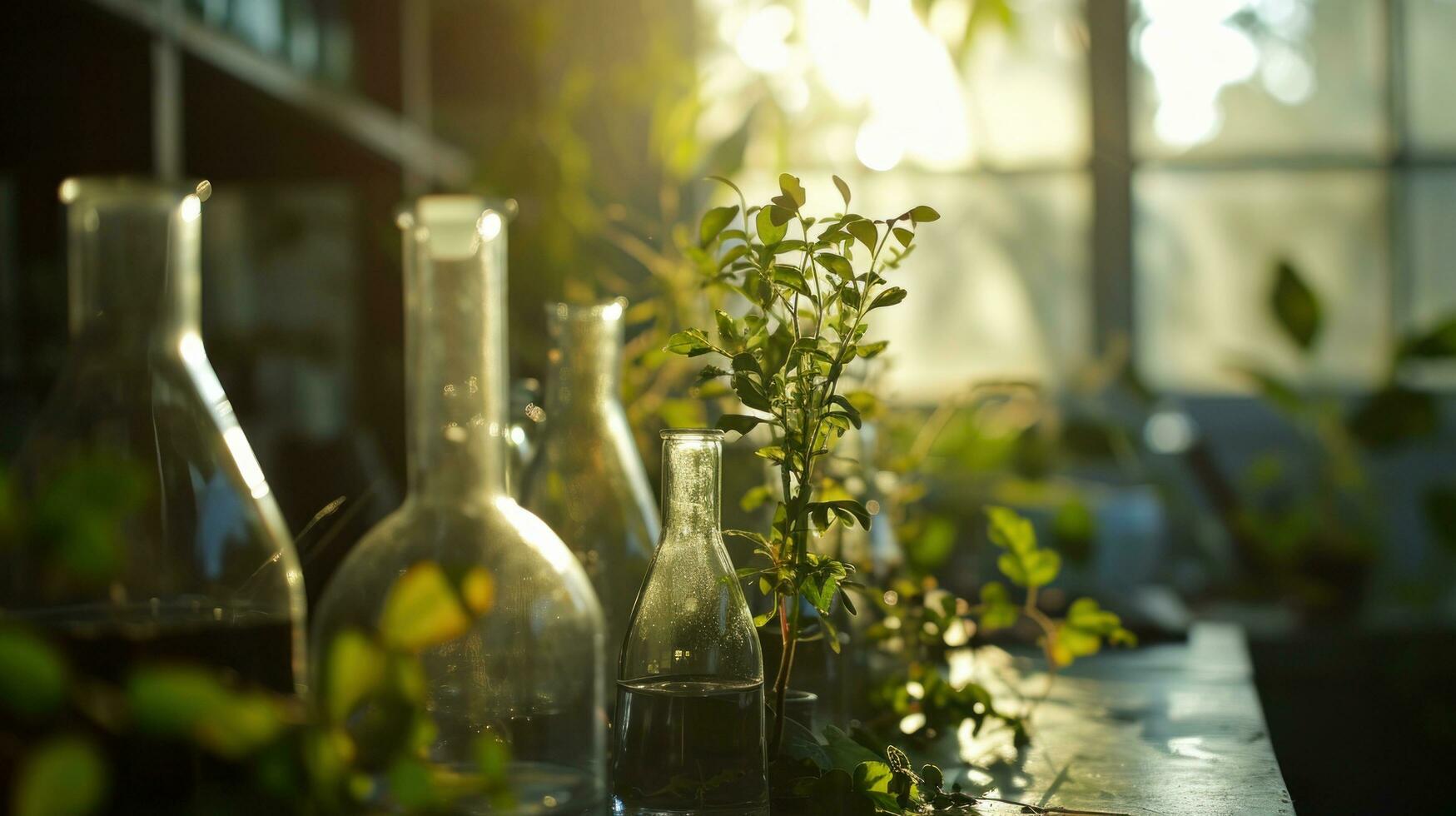 AI generated botanical research plant sample in glass flasks in laboratory with sunlight photo