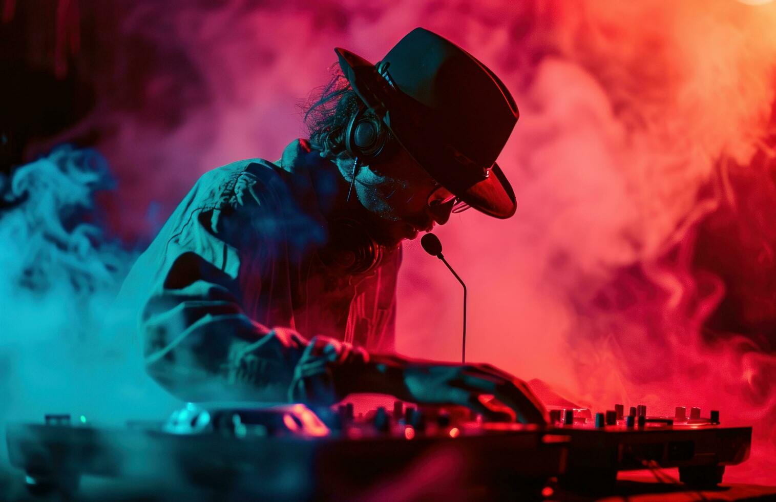 AI generated dj in smoke by neon light photo