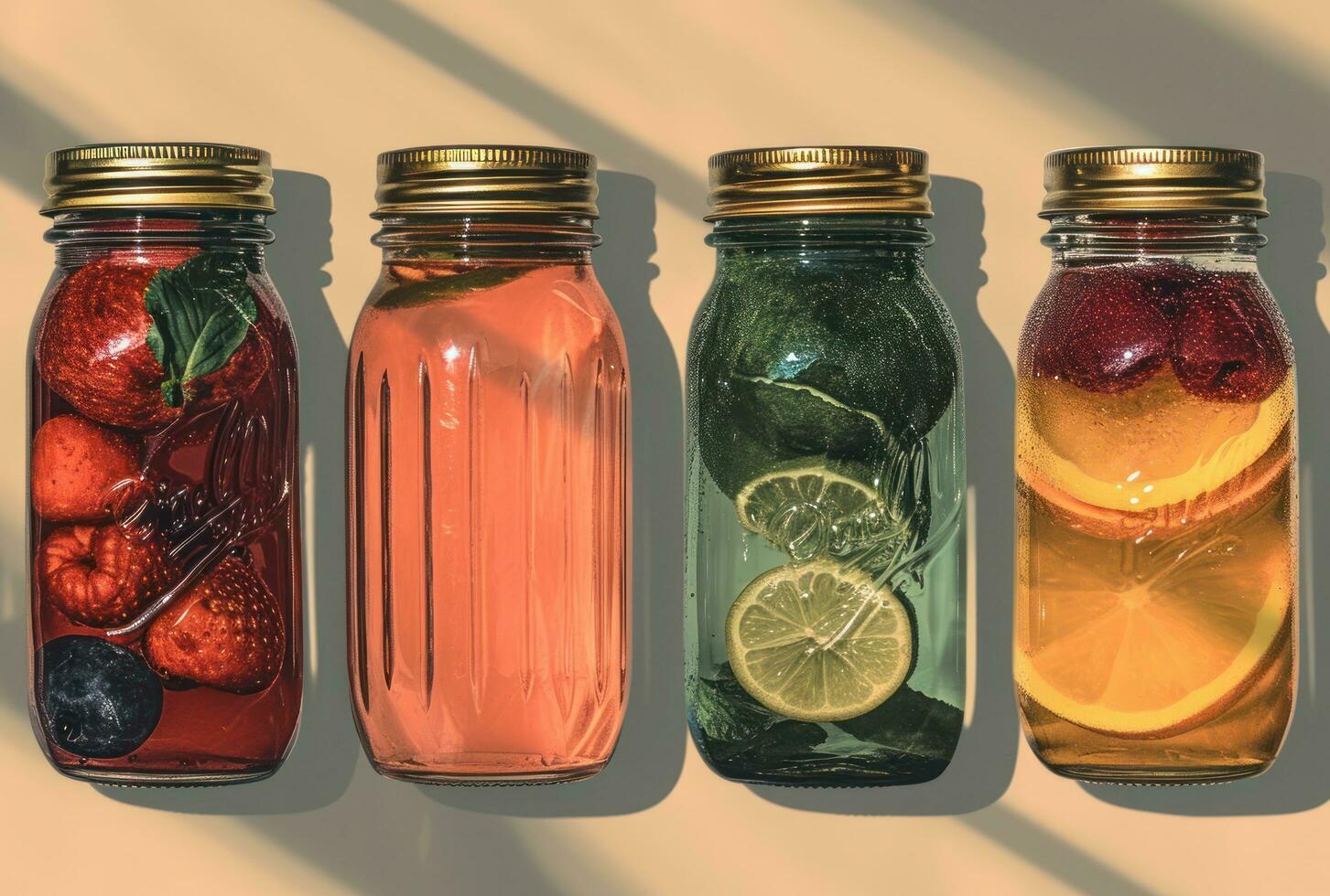 AI generated four mason jars with different fruit in them photo