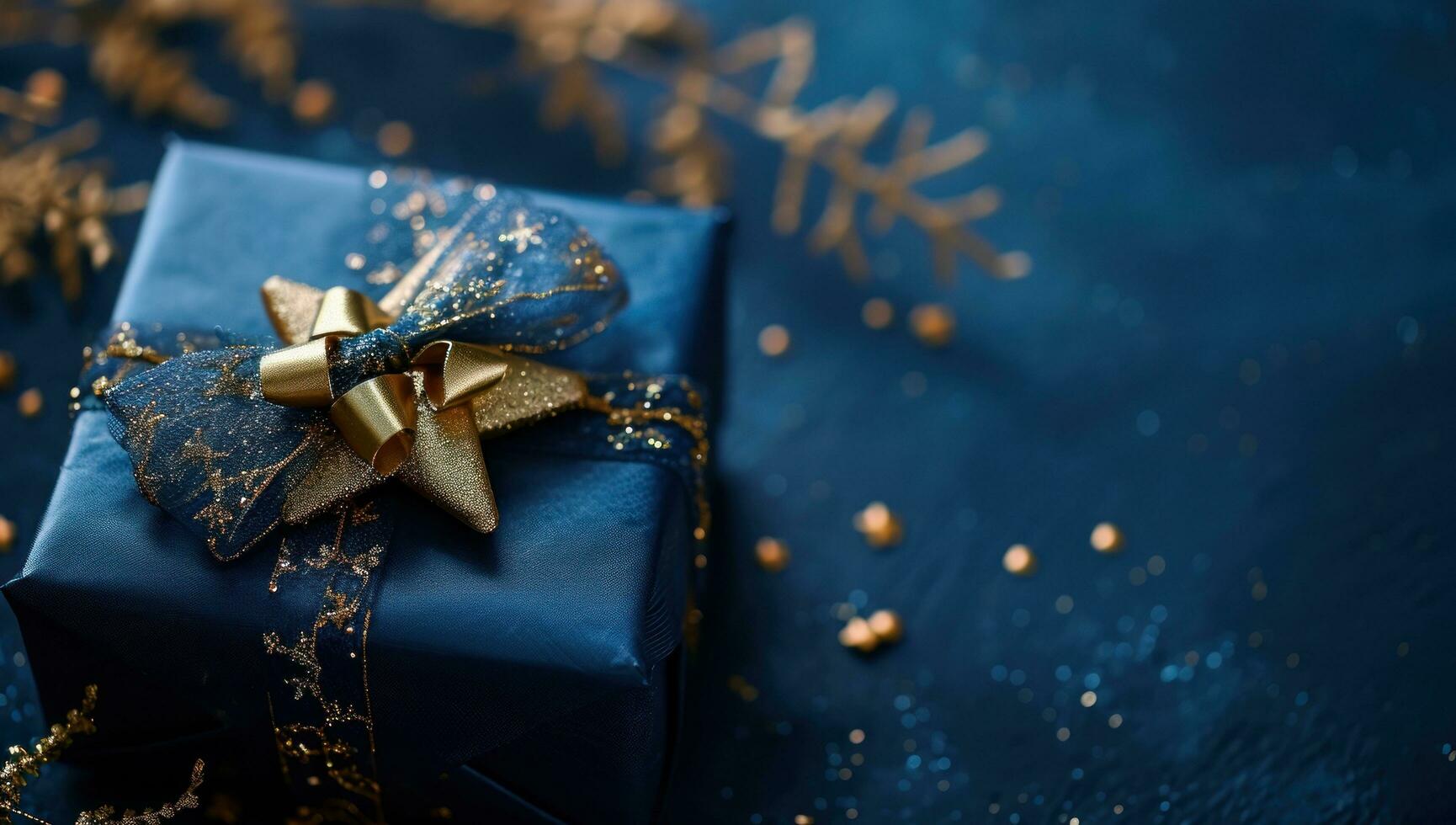 AI generated gift with gold star and ribbon on blue background photo
