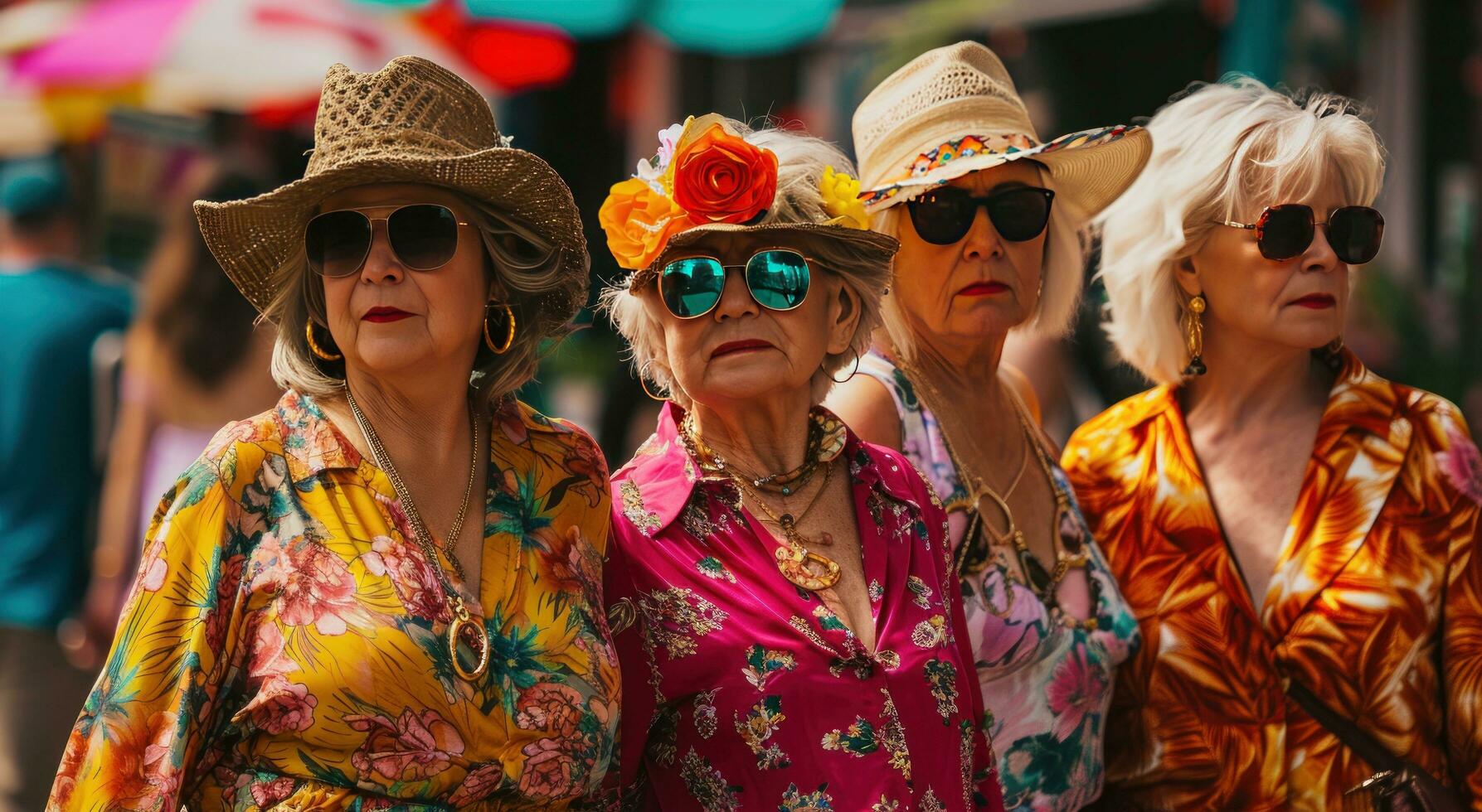 AI generated four women on the street wearing colorful clothing and sunglasses photo