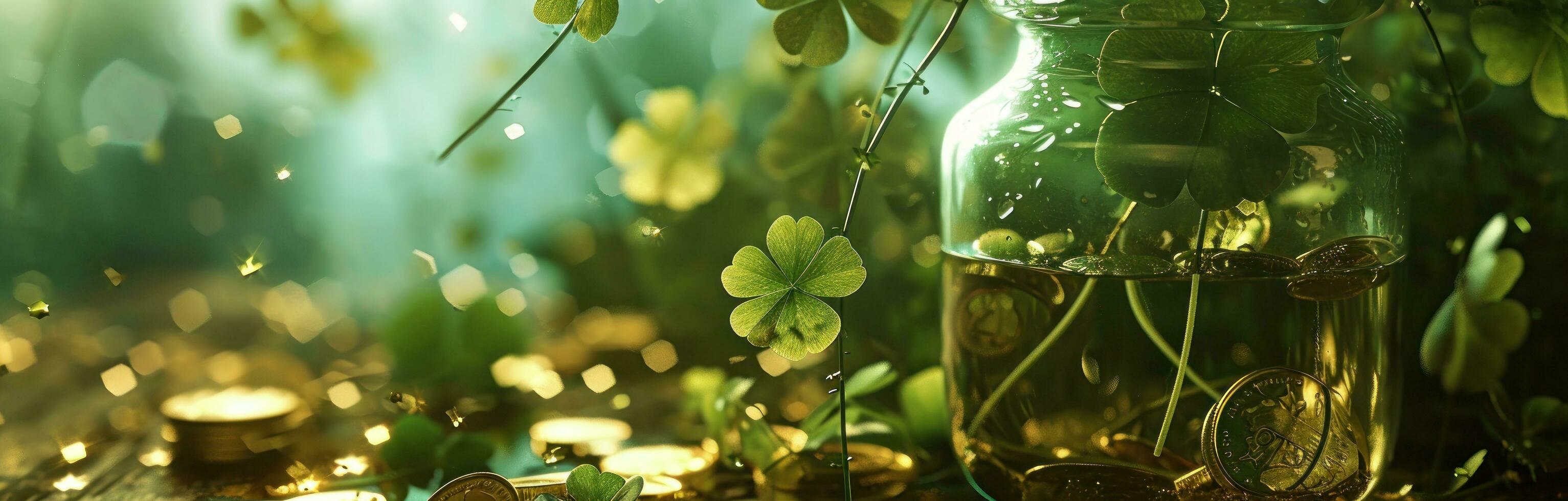 AI generated golden clovers and gold coins in a vase photo