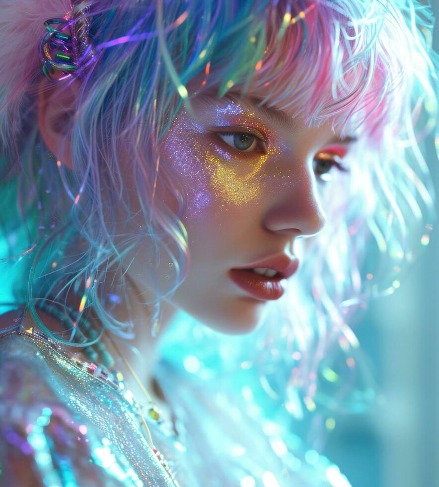 AI generated girl in futuristic with neon colored hair photo