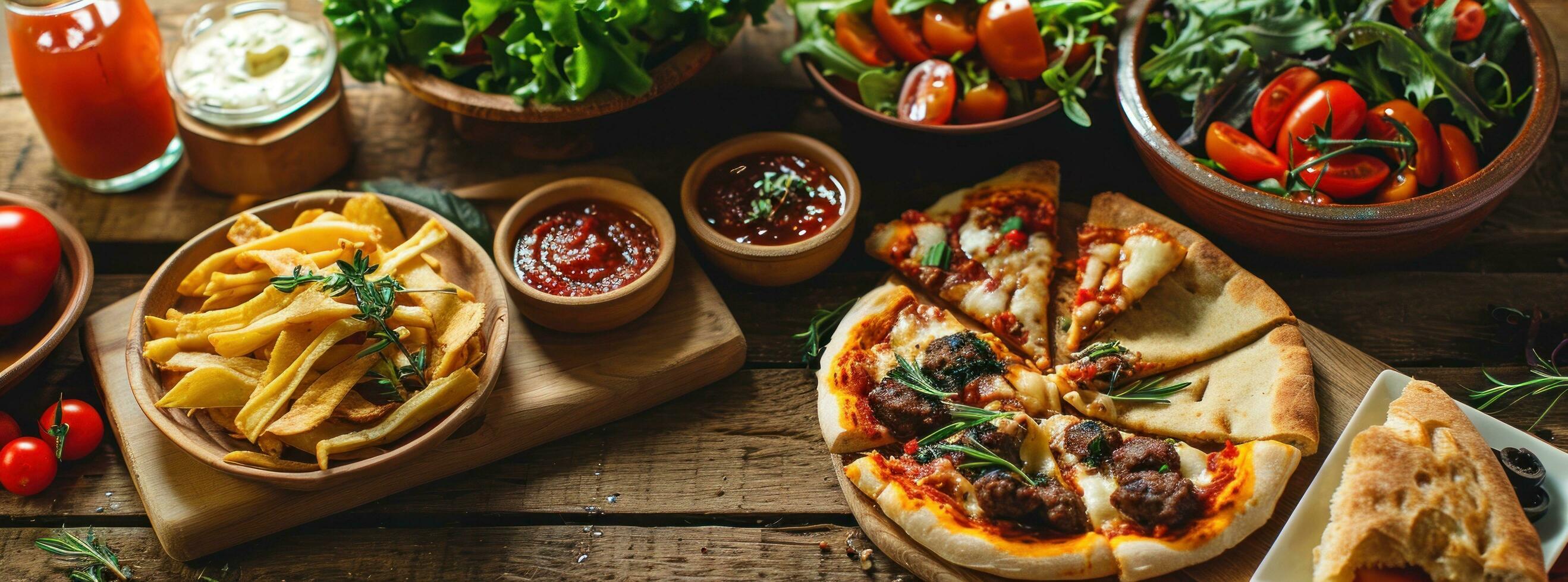 AI generated grill burger, pizza, salad, lettuce on wooden table photo