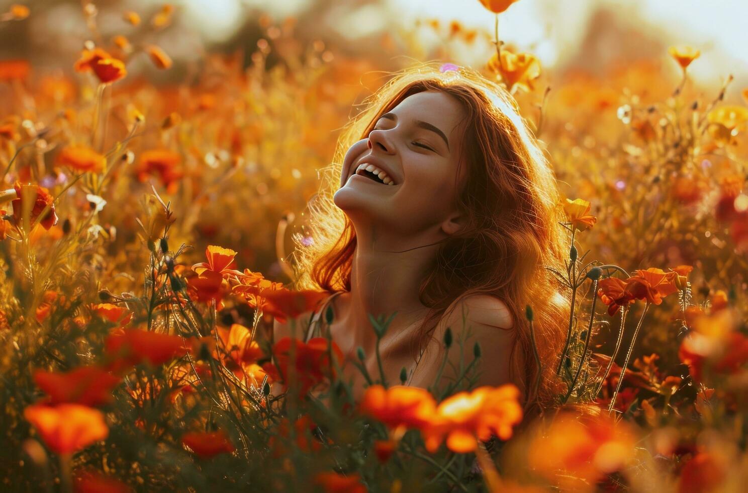 AI generated girl laughing in a field of flowers photo