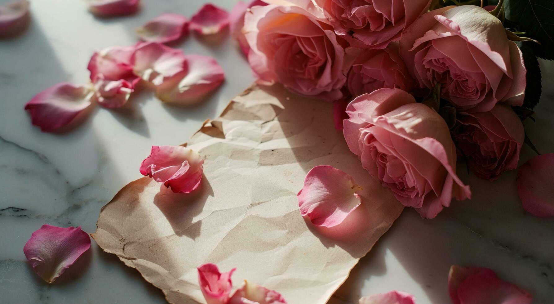 ai generado rosado Rosa pétalos con un blanco pedazo de papel, saludo tarjeta y un rosado tarjeta con rosado rosas foto