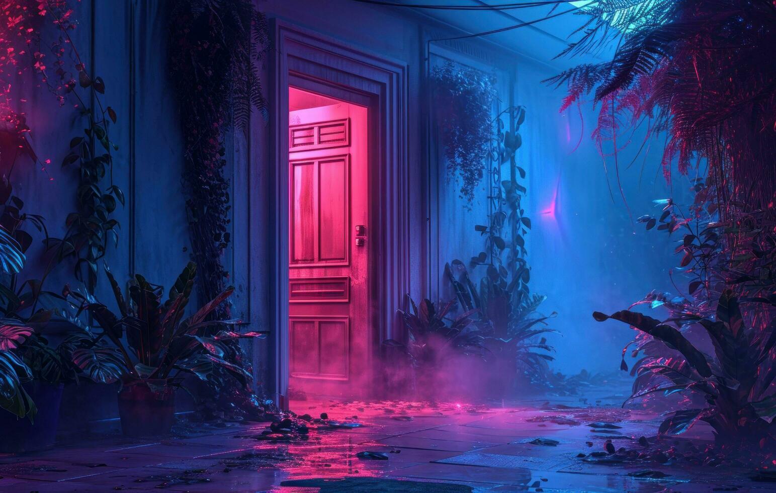 AI generated neon light and flowers with doors and plants photo