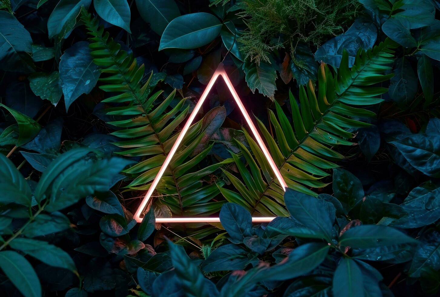 AI generated neon triangle surrounded by tropical plants photo