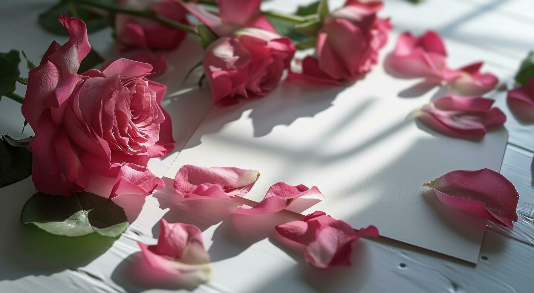 AI generated pink rose petals with a blank piece of paper, greeting card and a pink card with pink roses photo