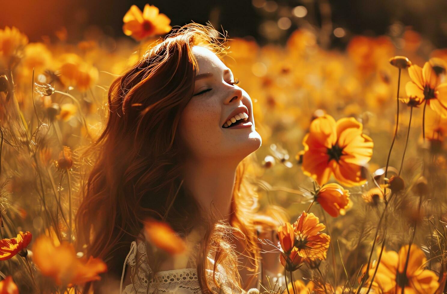 AI generated girl laughing in a field of flowers photo