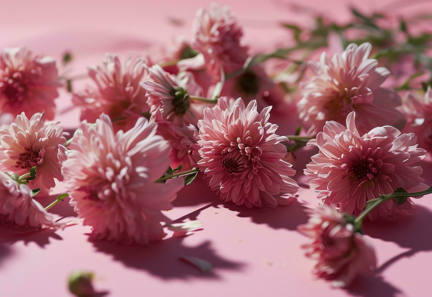 AI generated pink flowers are laying across a pink background photo