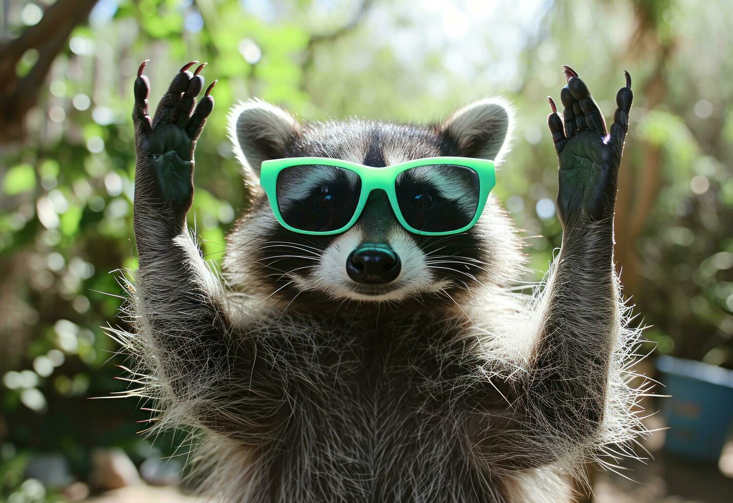 AI generated raccoon wearing green sunglasses raising his arms photo