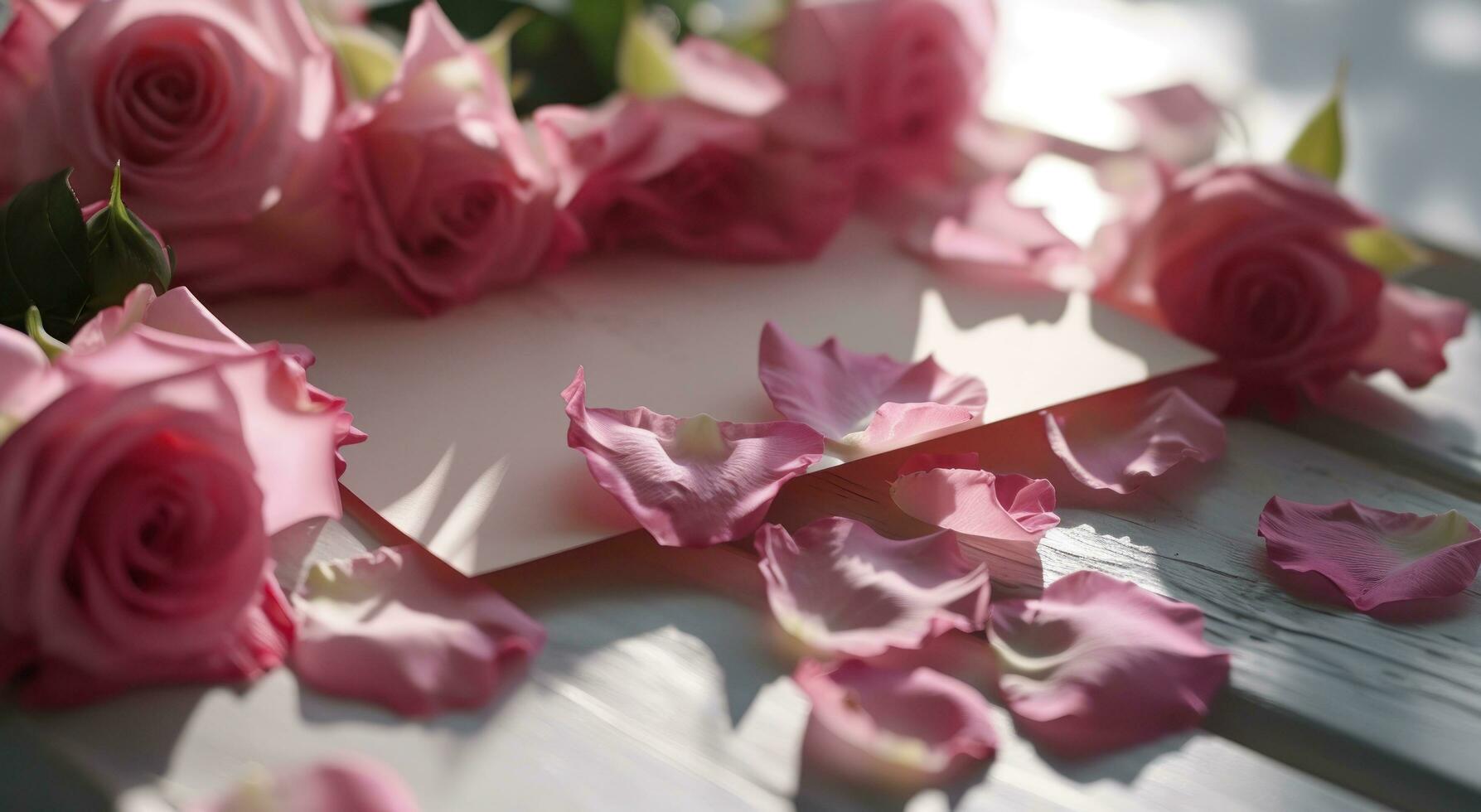 AI generated pink rose petals with a blank piece of paper, greeting card and a pink card with pink roses photo