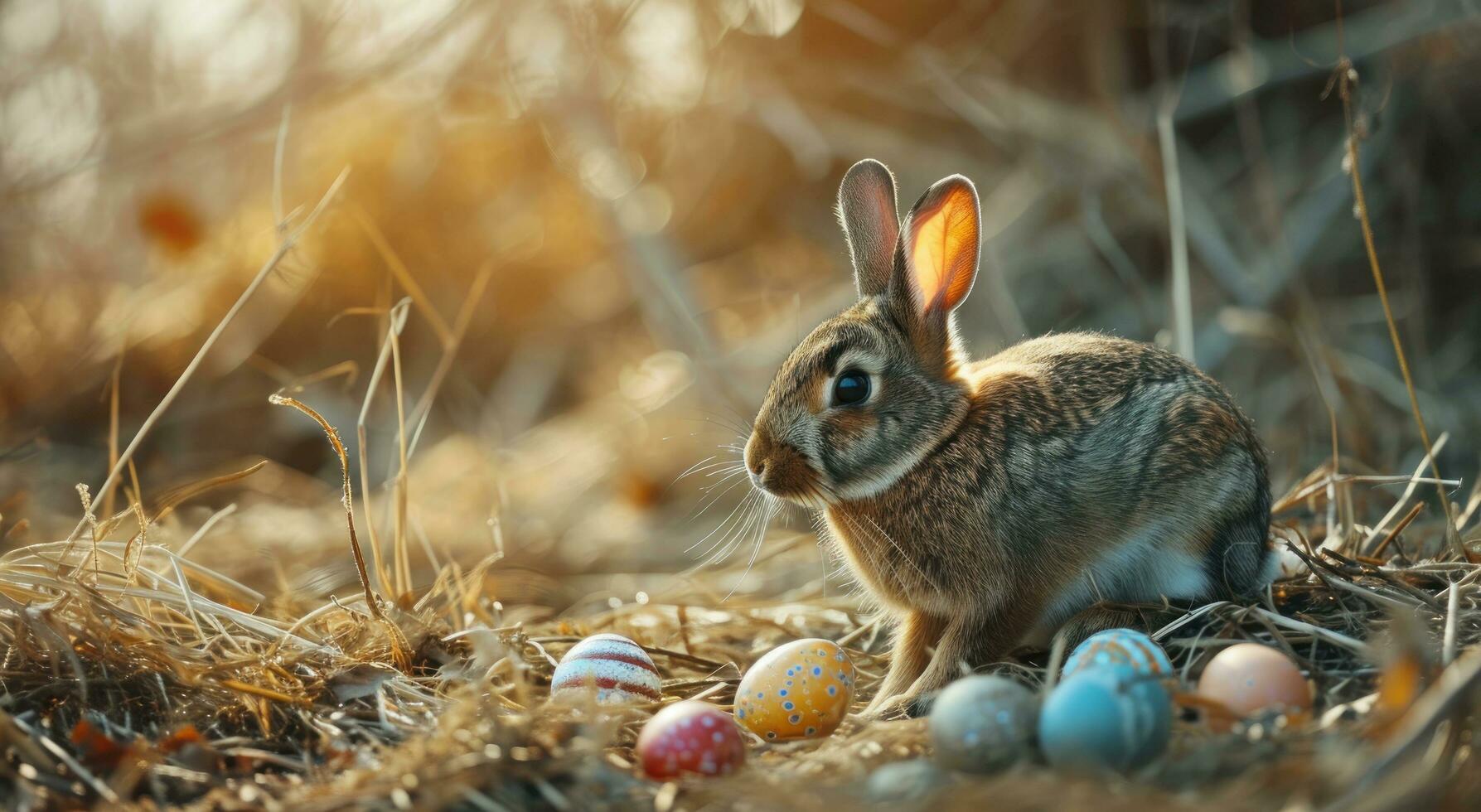 AI generated easter bunny in the field with colorful eggs photo