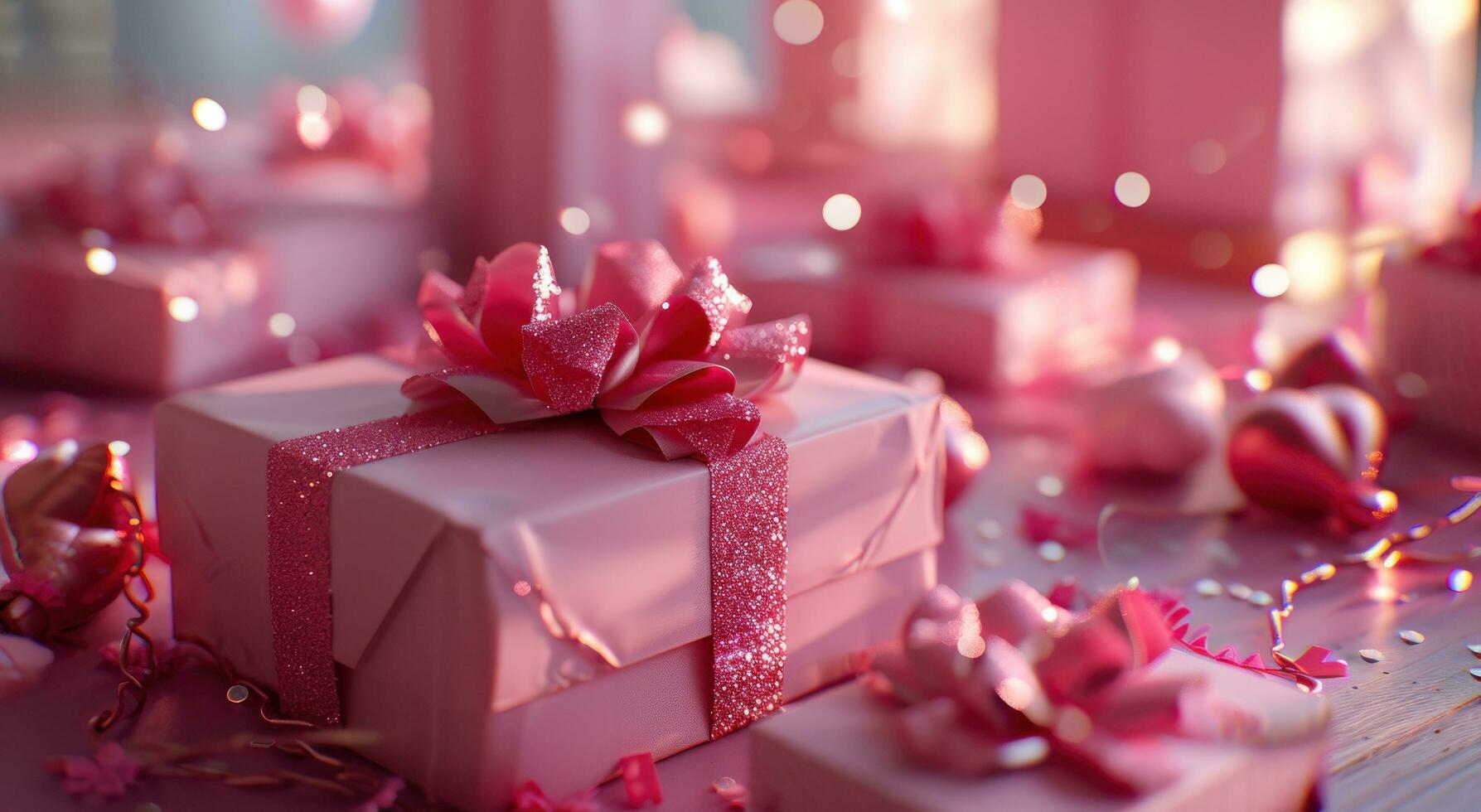 AI generated pink wrapping paper and boxes with hearts on it photo