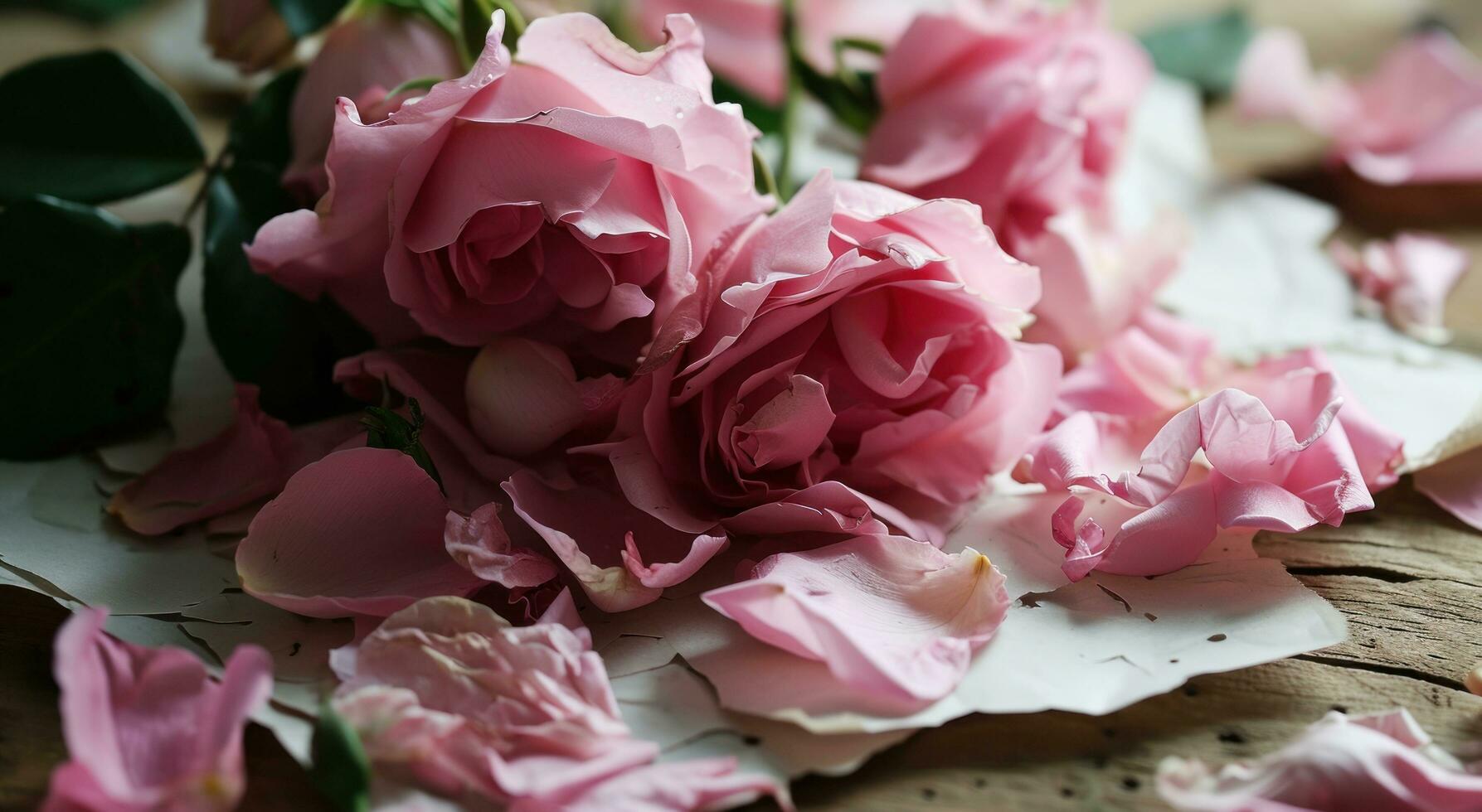 AI generated pink rose petals, empty white paper, and bouquets stock footage photo