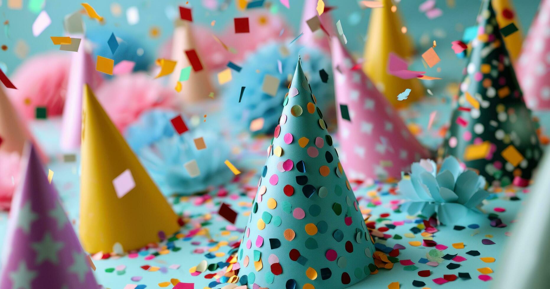 AI generated multiple colorful party hats and confetti photo