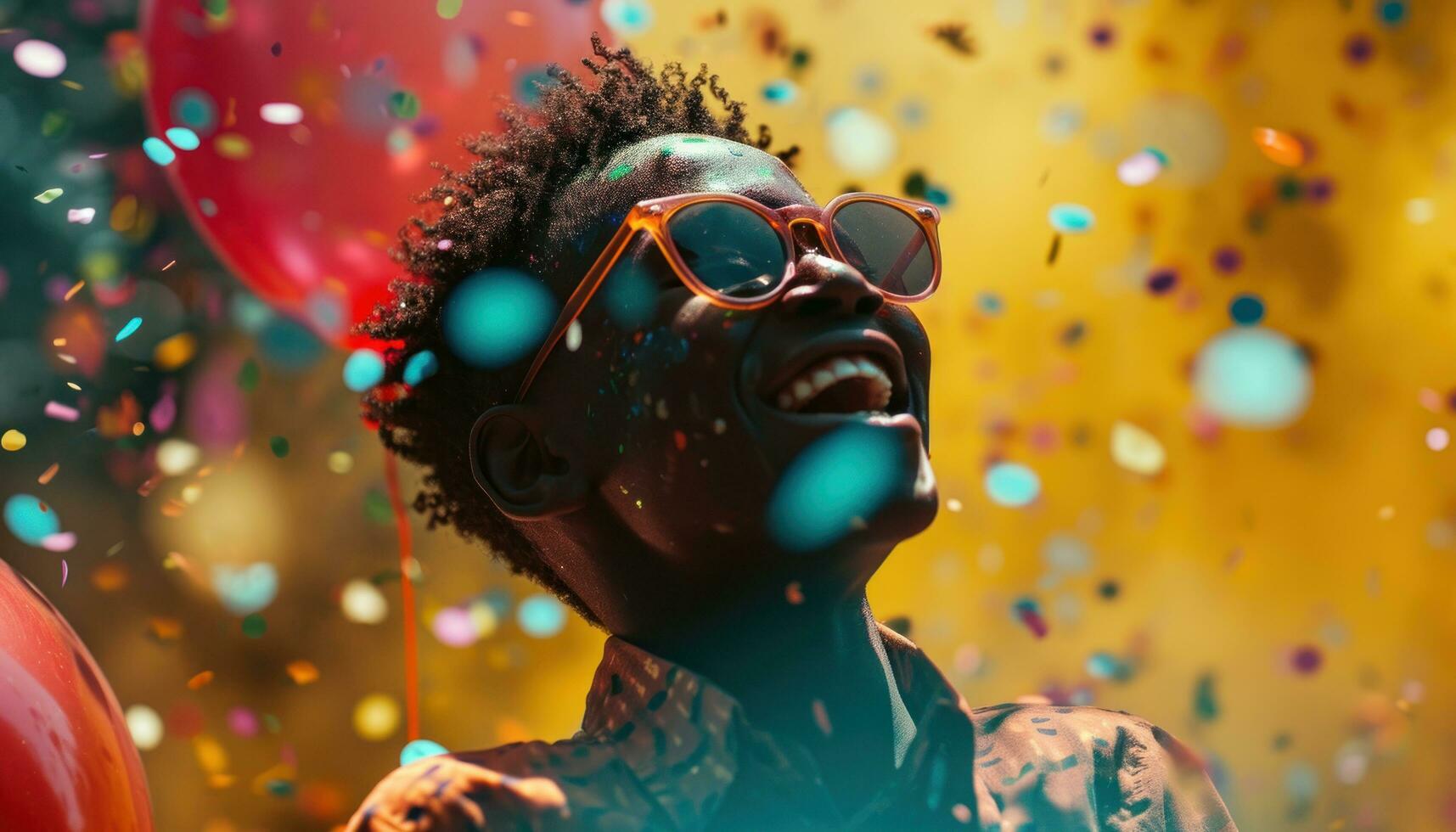 AI generated kid laughing with balloons and colorful confetti photo