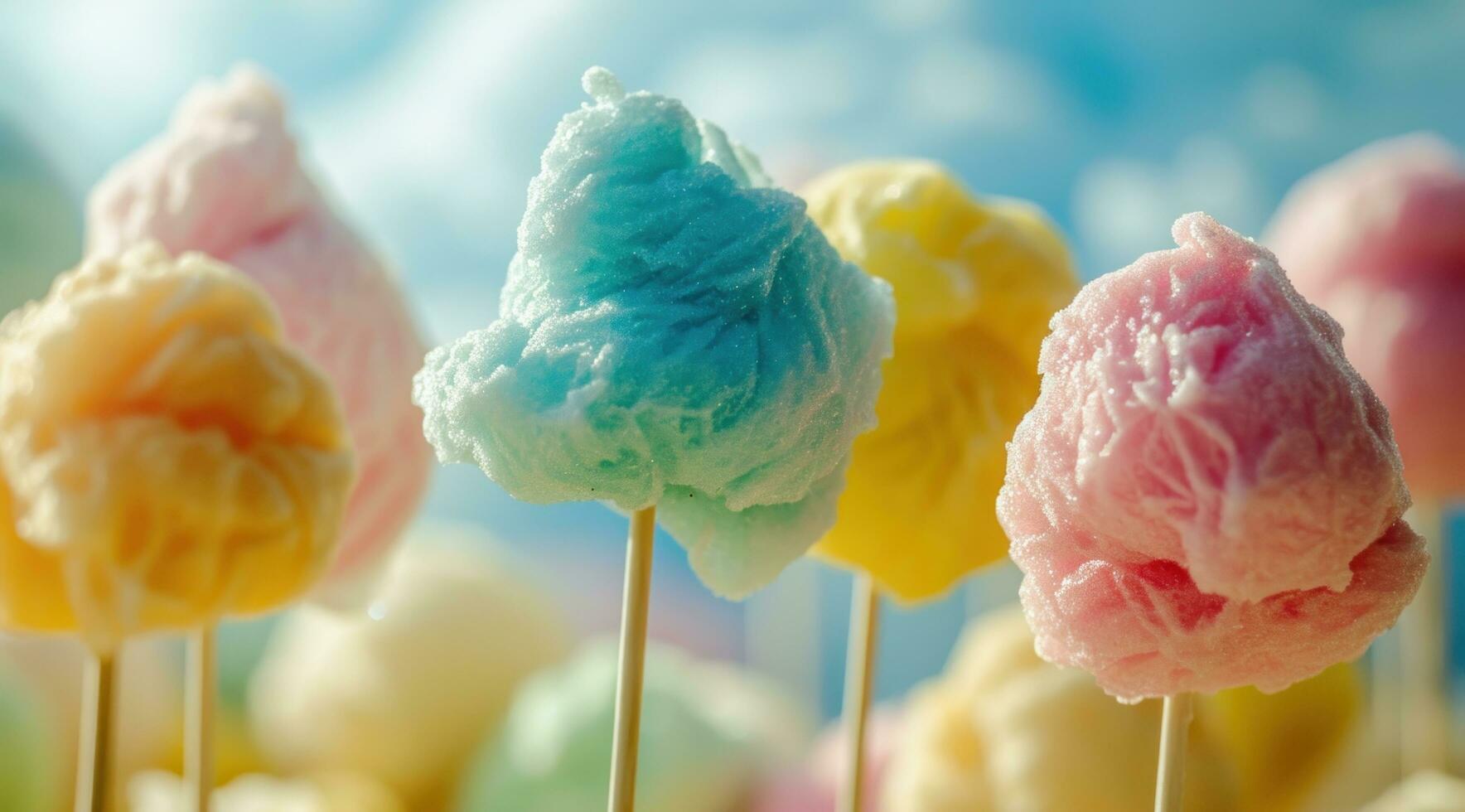 AI generated many colorful cotton candy on a stick in front of a bright background photo