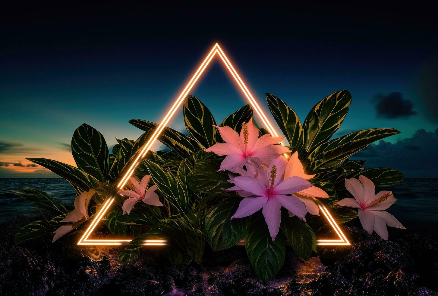 AI generated neon triangle with tropical plants photo