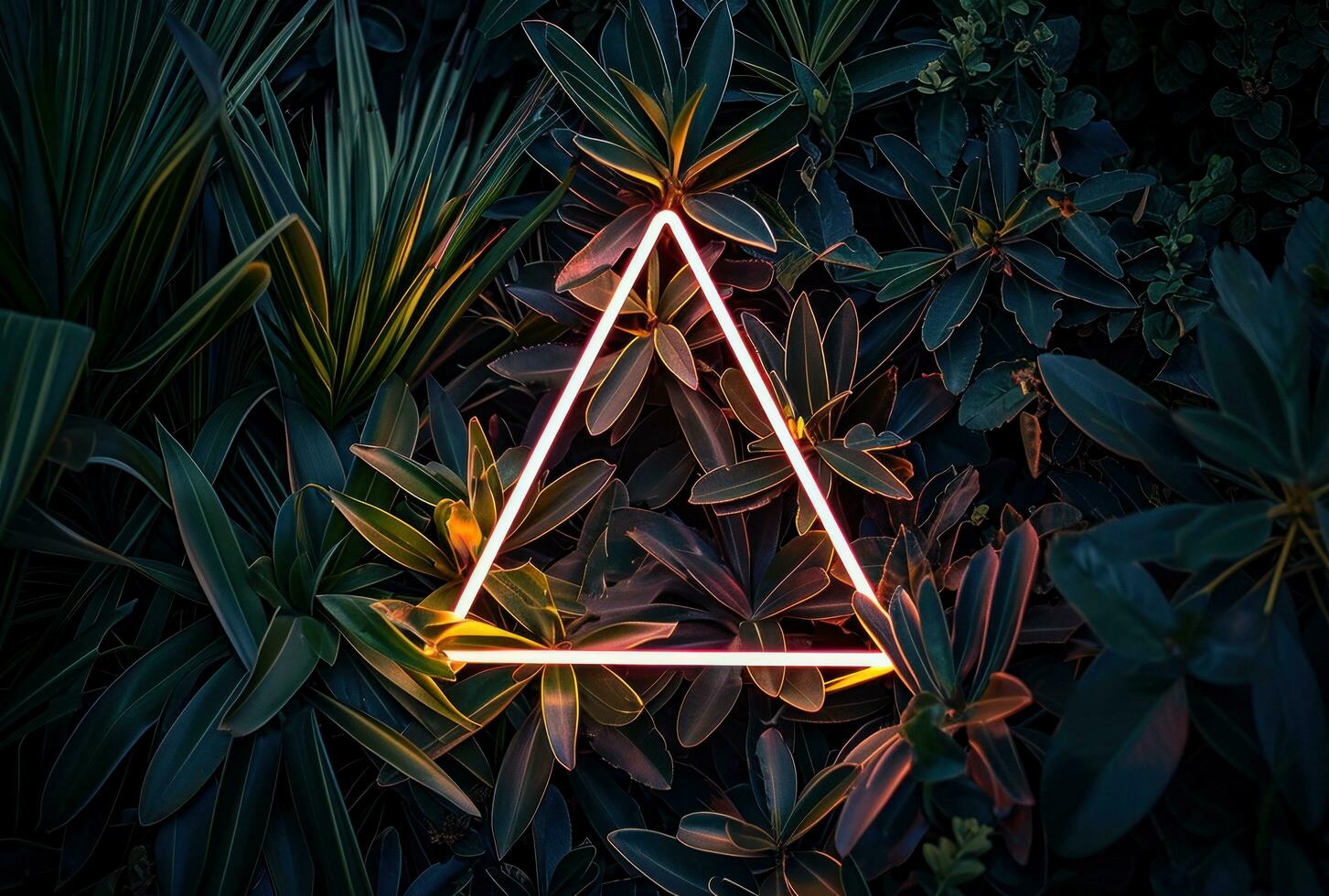 AI generated neon triangle surrounded by tropical plants photo