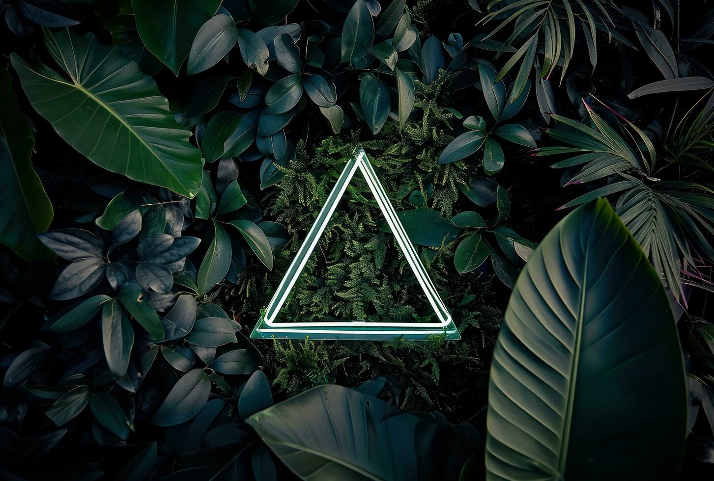 AI generated neon triangle surrounded by tropical plants photo