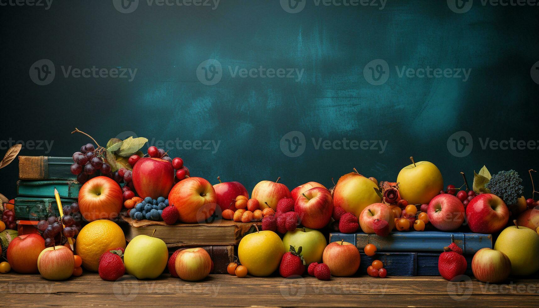 ai generado Fresco otoño frutas en un rústico de madera mesa, naturaleza regalo generado por ai foto