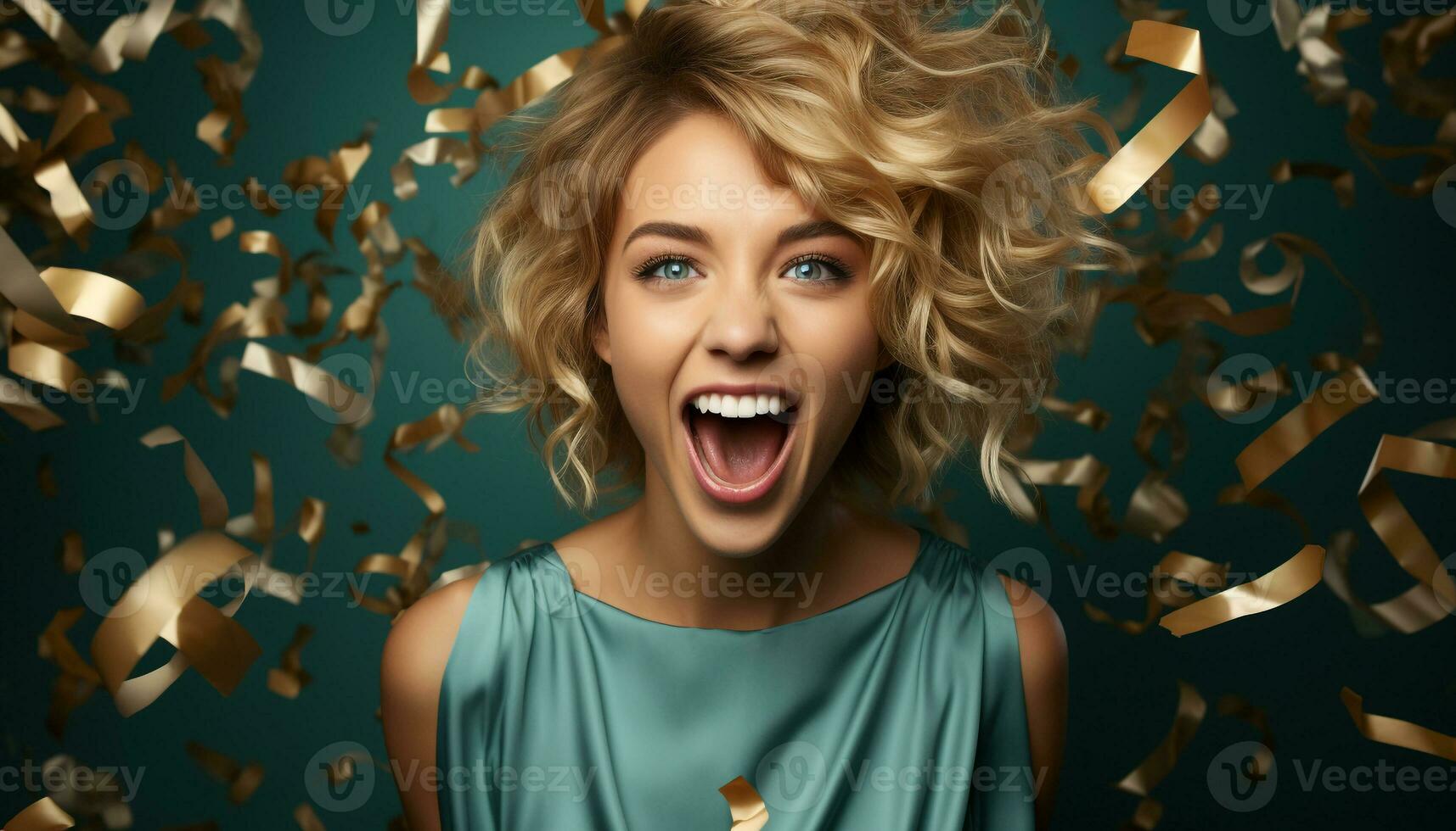 AI generated Smiling Caucasian woman celebrates with confetti, radiating joy and beauty generated by AI photo